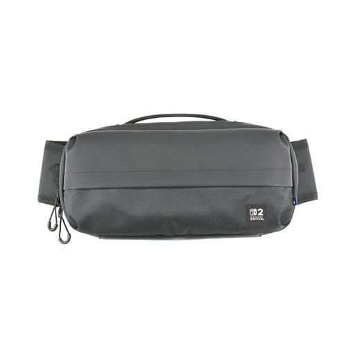 Gray waist bag with a visible brand logo on a white background