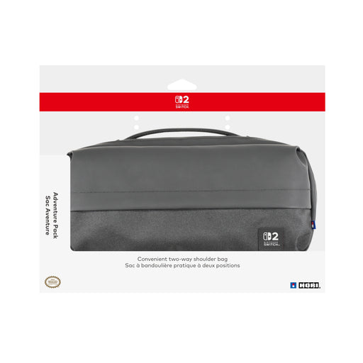 A black HORI Adventure Pack for Nintendo Switch 2, displayed in its packaging which includes a shoulder strap and indicates compatibility with various Nintendo Switch models.
