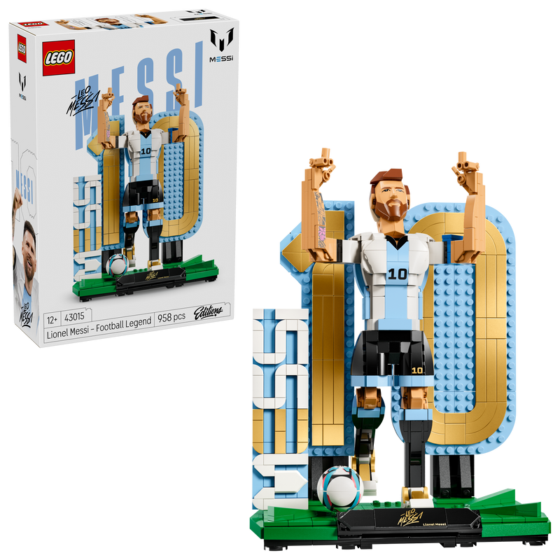 LEGO Lionel Messi set with packaging on a white background