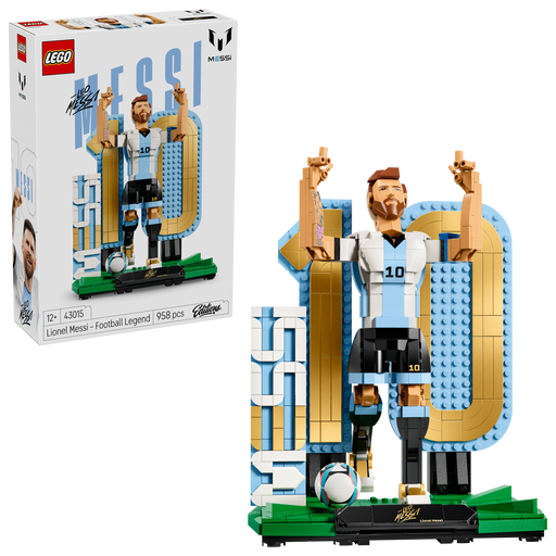 LEGO Lionel Messi set with packaging on a white background