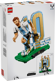 LEGO Messi set packaging with character and stadium model on a white background