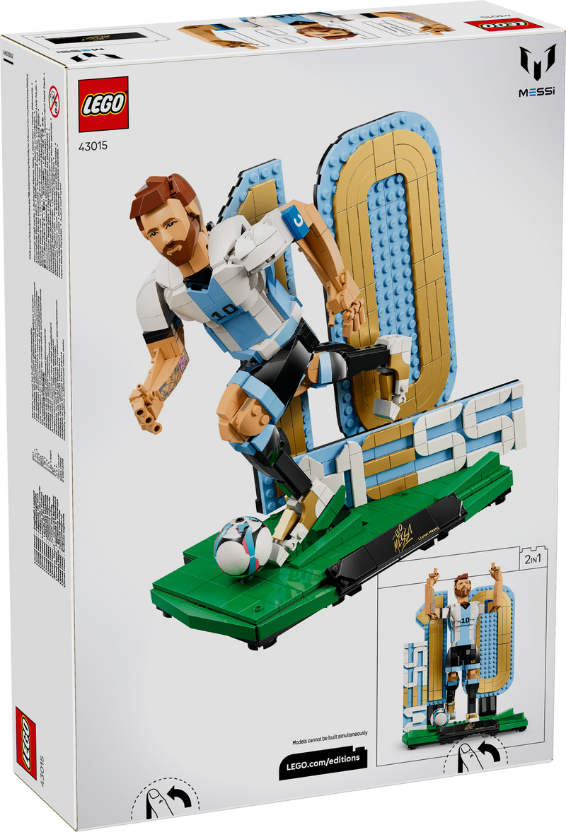 LEGO Messi set packaging with character and stadium model on a white background