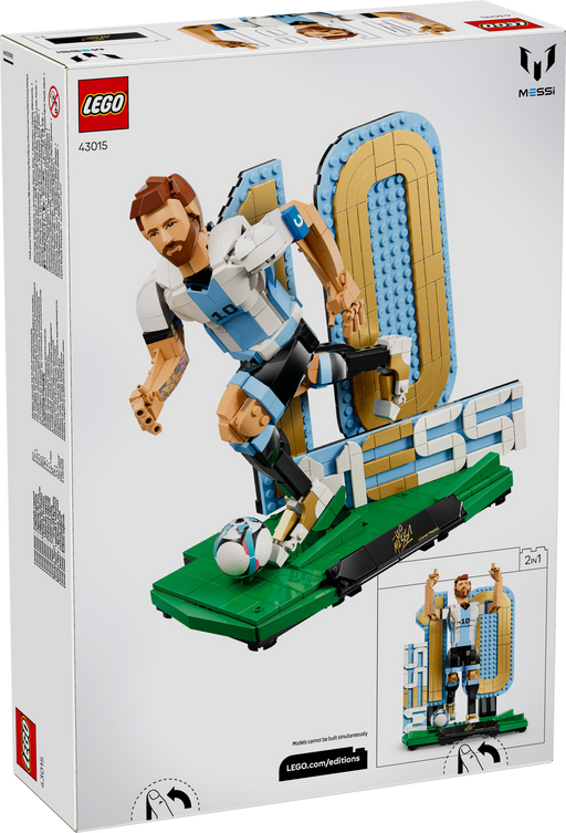 LEGO Messi set packaging with character and stadium model on a white background