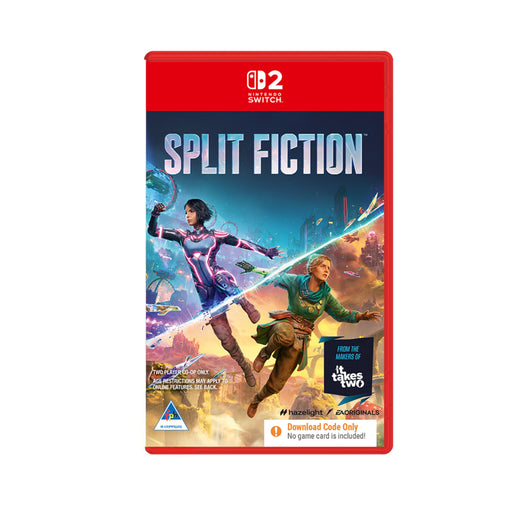 A cover image of the Nintendo Switch game 'SPLIT FICTION', featuring illustrations of two characters, one in a space suit and another in a fantasy setting, indicating the game's adventure and co-op nature.