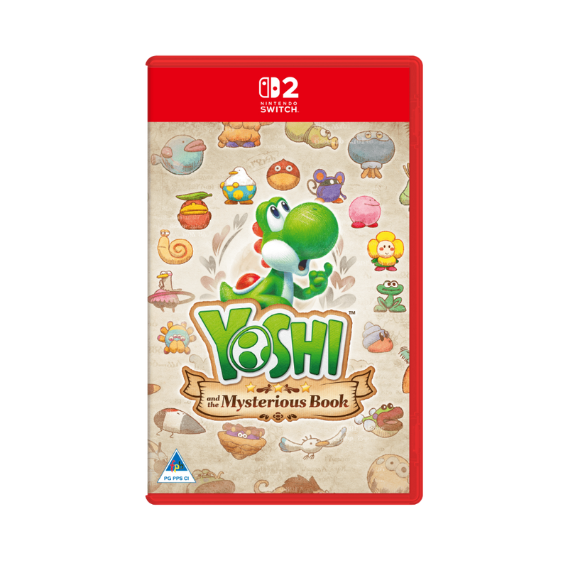 Nintendo Switch game case for 'Yoshi and the Mysterious Book' with Yoshi character on a beige background.