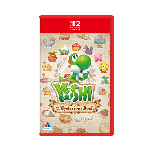 Nintendo Switch game case for 'Yoshi and the Mysterious Book' with Yoshi character on a beige background.
